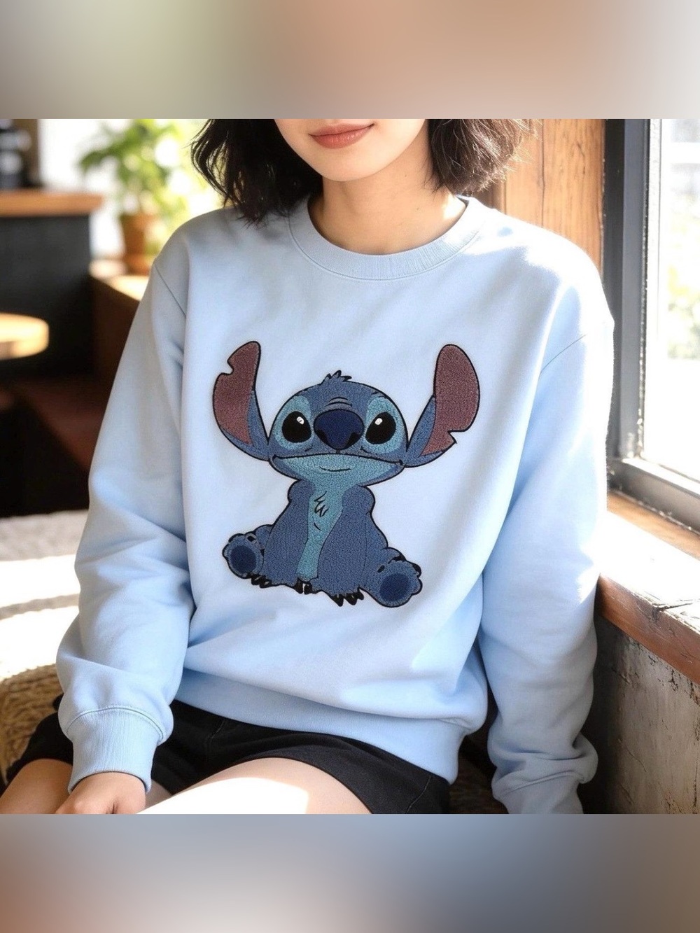 Disney Stitch Crewneck Sweatshirt Light Blue Chenille Embroidered Stitch Size M